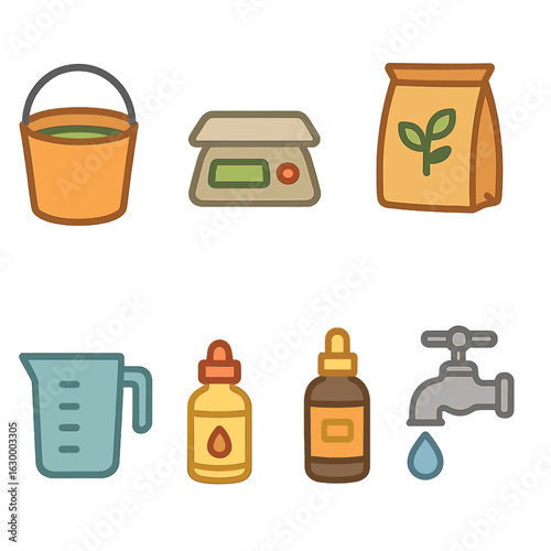 Nutrient Mixing Icons. Flat vector mini-illustrations nutrient solution mixing stations in colors children's illustrations: mixing