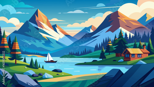 Vector art of a sailboat navigates a serene lake with a charming cabin nestled by the shore, framed by imposing mountains and verdant trees
