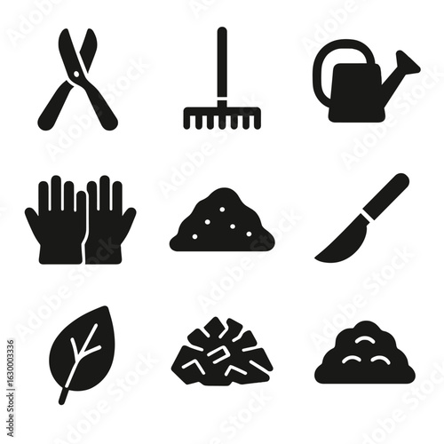 Garden Tools Icons. Solid, filled icon set of garden maintenance: shears, rake, watering can, hoe, gloves, soil, pruning knife,
