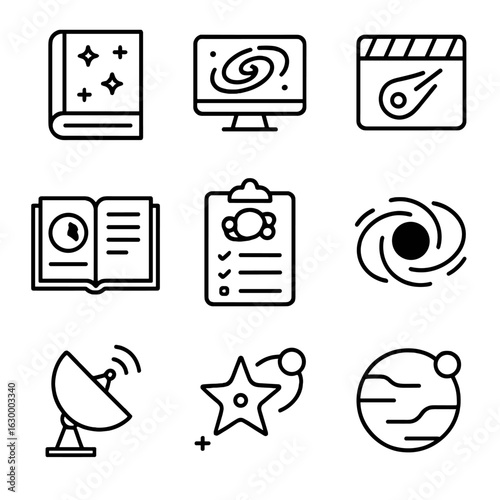Space Research Icons. Outline icon set of observatory research: star catalog, galaxy tracking, meteor monitoring, comet path,