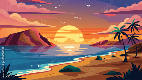 Vector art of vibrant tropical beach sunset with palm trees and calm ocean reflecting the warm colors of the sky and sun