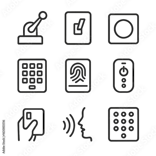 Gateway Control Icons. Outline icon set of gateway controls: lever, switch, button, keypad, fingerprint scanner, remote control,