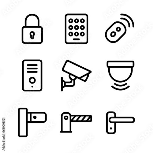 Gate Control Icons. Outline icon set of gate mechanisms and controls: gate lock, keypad entry, remote control, intercom, security