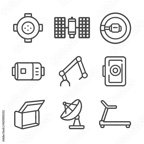 Orbital Station Module Icons. Outline icon set of orbital station modules: docking port, solar array panel, habitation ring,