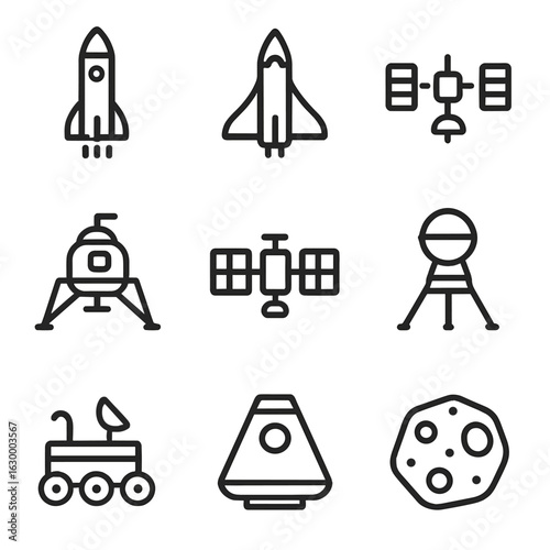 Spacecraft Icon Set. Outline icon set of spacecraft: rocket, shuttle, space station, lunar lander, satellite, probe, rover, space