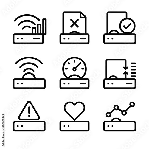 Gateway Monitoring Icons. Outline icon set of gateway monitoring: traffic analytics, error logs, uptime status, connection quality
