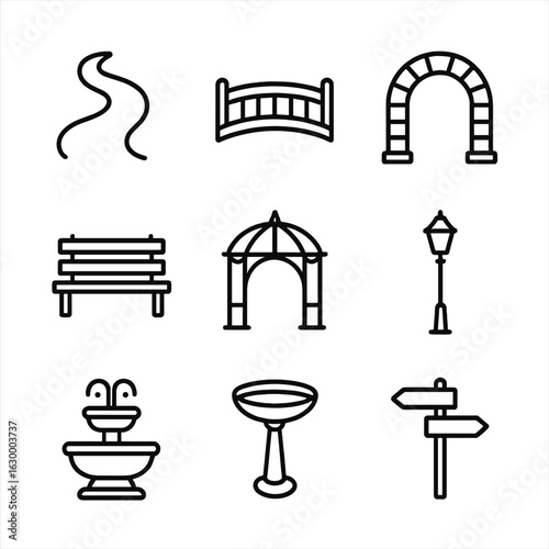 Park Pathway Icons. Outline icon set of park pathways and structures: winding path, wooden bridge, stone archway, park bench,