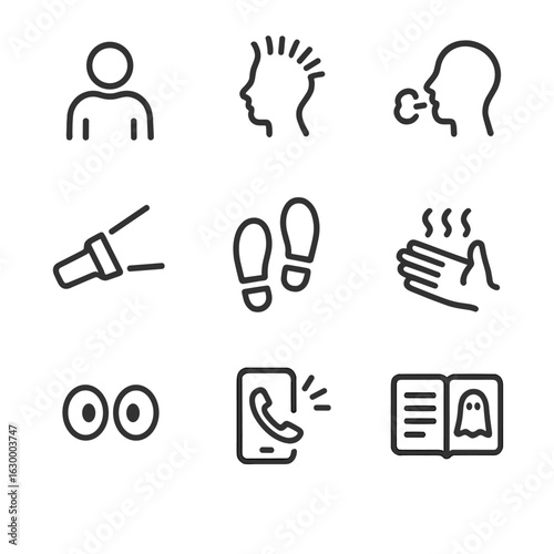 Ghost and Spiritual Icons. Outline icon set of ghost encounters: surprised person silhouette, raised hair outline, cold breath