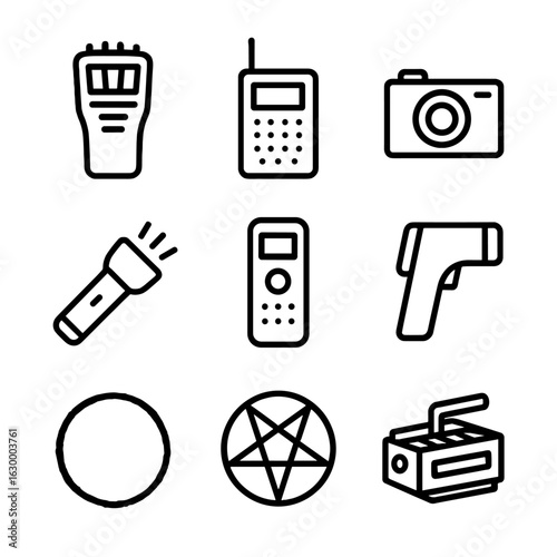 Ghost Hunting Tools Icons. Outline icon set of ghost hunting tools: EMF detector, spirit box, camera, flashlight, EVP recorder,