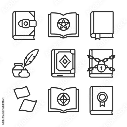 Spellbook Icon Collection. Outline icon set of spellbooks and grimoires: leather-bound tome, open page with sigil, bookmark ribbon