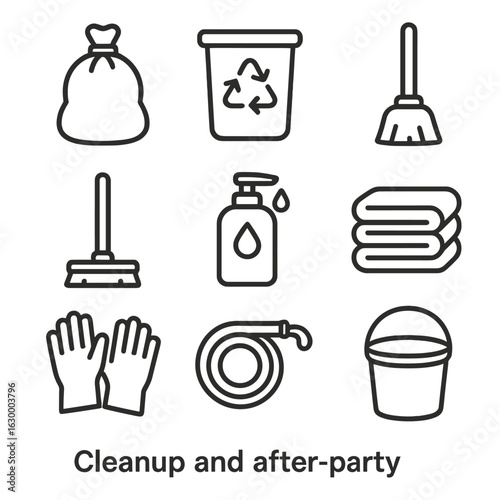 Cleanup Icon Set. Outline icon set of Cleanup and after party: trash bags, recycling bins, broom, mop, soap