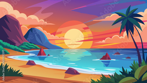 Vector art of vibrant tropical beach sunset with a palm tree, calm ocean, and colorful sky, creating a serene and picturesque coastal paradise scene