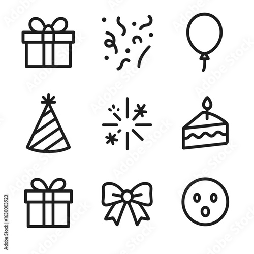 Icon Set_ Gifts & Shivers. Outline icon set of unexpected gifts and moments: gift box, confetti, balloon, party hat, fireworks,