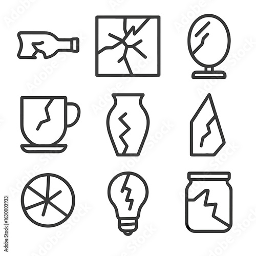 Glass Fragment Icons. Outline icon set of glass fragments: broken bottle, shattered windowpane, cracked mirror, fractured glass