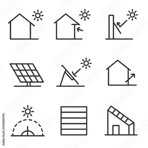 Passive Solar Design Icons. Outline icon set of passive solar design features: south-facing facade, roof overhang, thermal mass