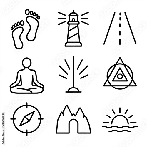 Spiritual Journey Icons. Outline icon set of spiritual journey: barefoot steps, guiding light, open road, meditative figure, light