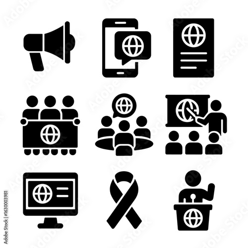 Climate Campaign Icons. Solid, filled icons set of Climate awareness campaigns: megaphone, social media, flyer