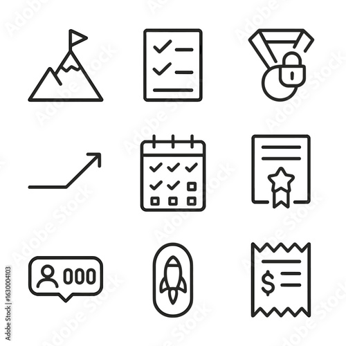 Personal Growth Icons. Outline icon set of personal growth achievements: mountain summit peak, completed checklist, unlocked medal