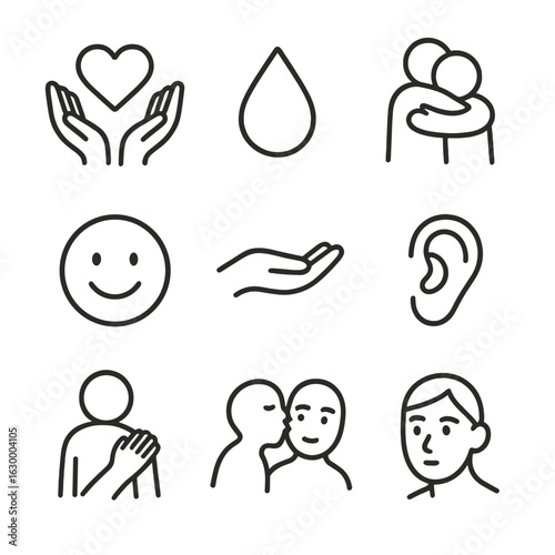 Emotional Gentleness Icons. Outline icon set of emotional gentleness: heart in hands, tear drop, comforting hug, smile icon,