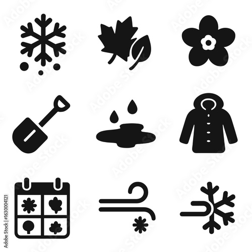 Climate Icon Grid. Solid, filled icons set of humid continental climate visuals: snowfall, autumn leaves,