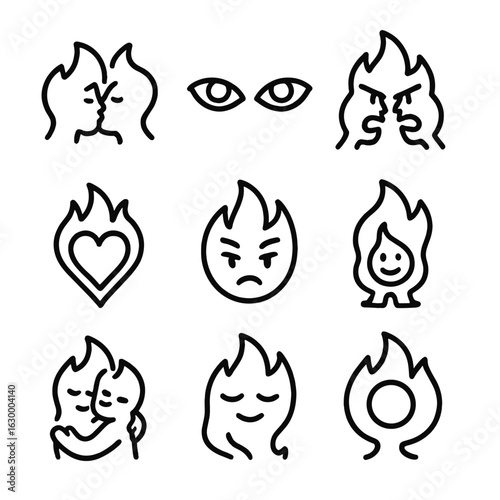 Emotional Fire Icons. Outline icon set of emotional fire: passionate kiss, fiery eyes, heated argument, burning desire, intense