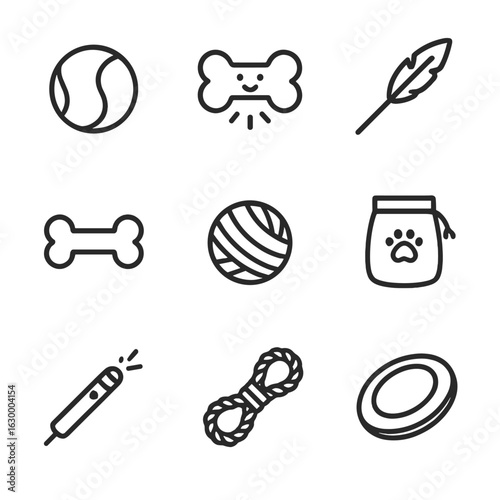 Pet Playtime Icons. Outline icon set of family pet playtime essentials: tennis ball, squeaky toy, feather wand, chew bone, yarn