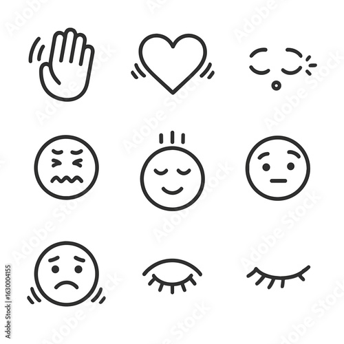 Emotional Gesture Icons. Outline icon set of flutter in emotions and gestures: hand wave, heart flutter, eyelash blink, nervous
