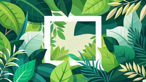 Vector art of an exotic jungle backdrop featuring a variety of lush green tropical leaves surrounding a central empty square for copy