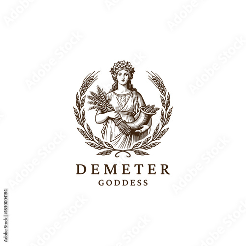 vintage engraving of Demeter, the Greek goddess of agriculture and harvest, depicted with wheat and classical adornments