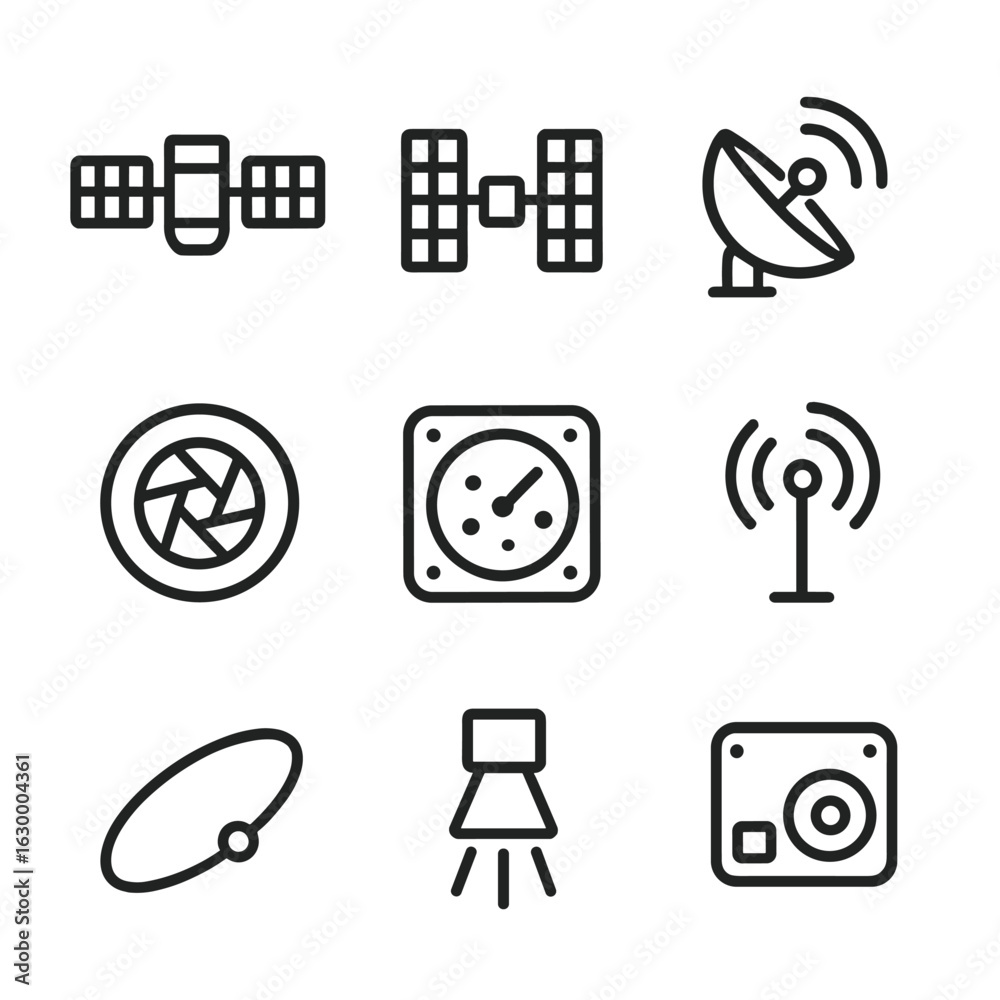 Fototapeta premium Spy Satellite Icon Set. Outline icon set of spy satellite components: satellite body, solar panels, antenna dish, camera lens,