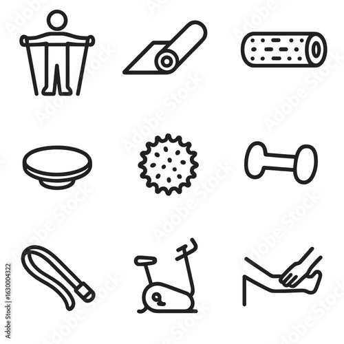 Physiotherapy Icon Set. Outline icon set of physiotherapy exercises: resistance band, exercise mat, foam roller, balance board,