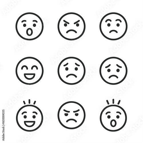 Emotional Icon Grid. Outline icon set of unpredictable emotions: surprise, anger, confusion, joy, fear, sadness, excitement,