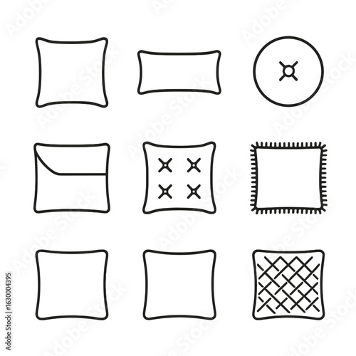 Pillow Icon Collection. Outline icon set of pillow shapes and styles: square pillow, lumbar pillow, bolster pillow, round pillow,