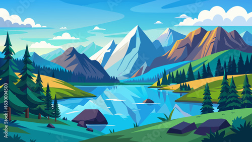 Vector art of stunning mountain landscape with a crystalclear lake reflecting the bright blue sky, lush green hills, and snowcapped peaks