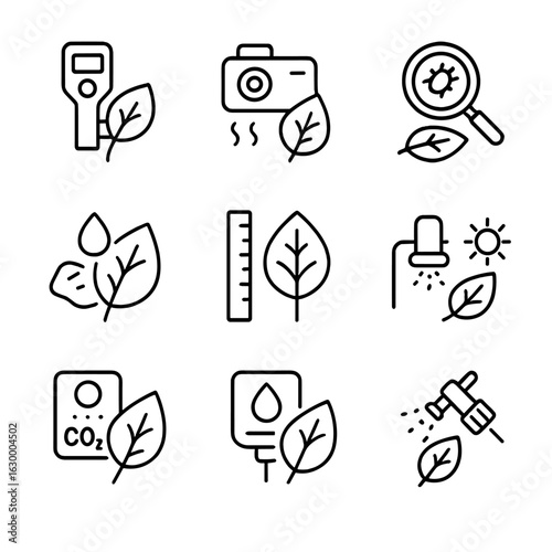 Plant Health Tools Icons. Outline icon set of plant health detection tools: leaf chlorophyll meter, canopy temperature camera,