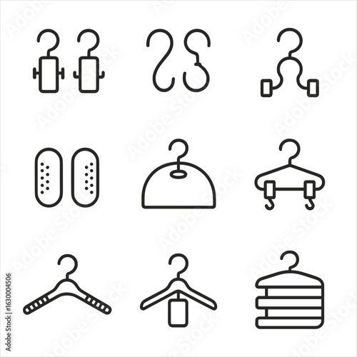 Closet Accessory Icons. Outline icon set of closet accessories for hangers: hanger clips, hooks, swivel hooks,