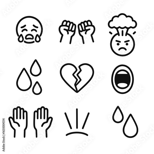 Emotional Meltdown Icons. Outline icon set of emotional meltdown: crying face, clenched fists, exploding head, sweat drops, broken