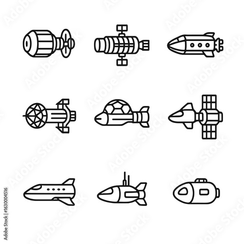 Starship Icon Collection. Outline icon set of starship colony vessels: generation ship, ark vessel, sleeper ship, terraforming