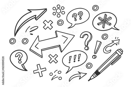 Hand drawn doodle collection of arrows question marks exclamation points and a pen symbolizing ideas and communication