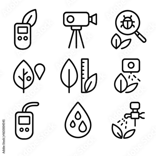 Plant Health Tools Icons. Outline icon set of plant health detection tools: leaf chlorophyll meter, canopy temperature camera,