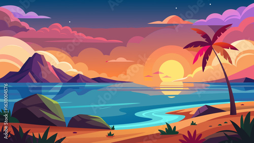 Vector art of vibrant tropical beach sunset with palm tree and reflection on the calm ocean water, colorful sky with clouds and distant mountains