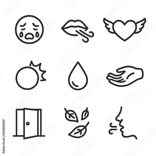 Emotional Release Icon Set. Outline icon set of emotional release: crying face, sighing mouth, heart with wings, bursting bubble,