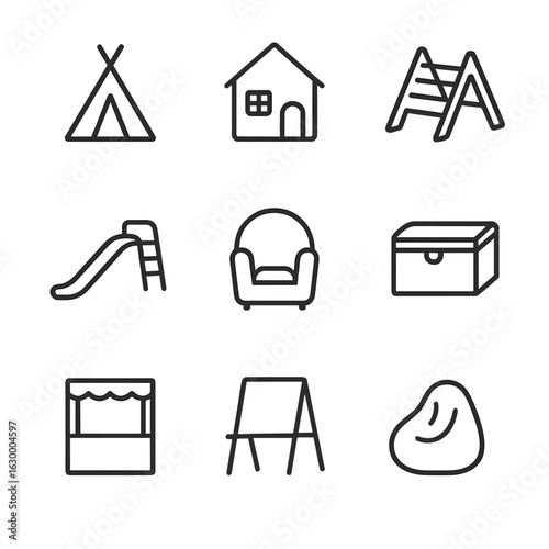 Play Furniture Icons. Outline icon set of play furniture and structures: teepee tent, playhouse, climbing ladder, slide, reading