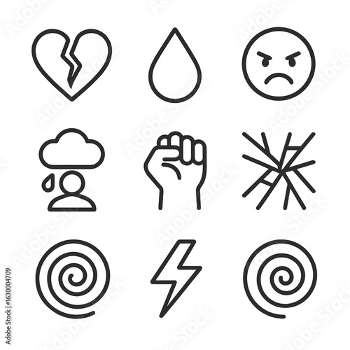 Emotional Storm Icons. Outline icon set of emotional storms: broken heart, teardrop, angry face, storm cloud over head, clenched