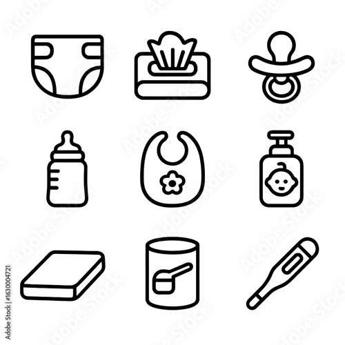 Baby Care Icons. Outline icon set of baby care necessities: diapers, baby wipes, pacifier, baby bottle, bib, baby lotion, changing