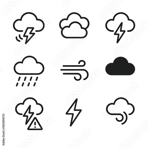 Storm Icons Set. Outline icon set of sky disturbances: rolling thunder, storm clouds, lightning flash, heavy rain, wind gust, dark