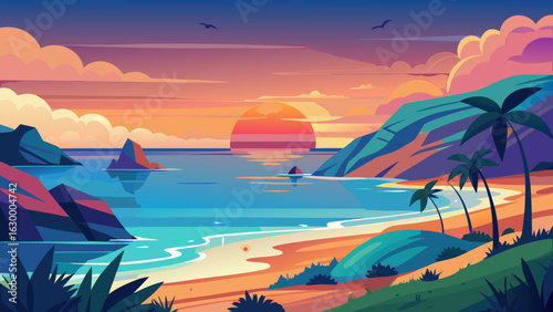 Vector art of colorful tropical beach sunset with palm trees and mountains, calm ocean water reflecting the vibrant sky with clouds and sun