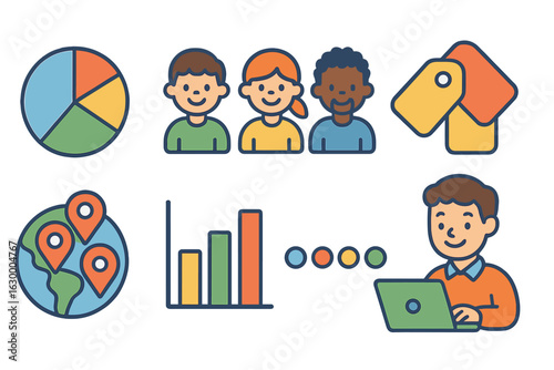 Playful Data Dashboard. Flat vector mini-illustrations customer segmentation dashboards in colors children's illustrations: pie