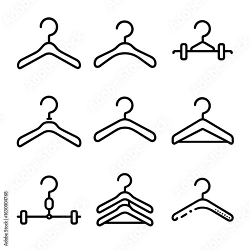 Clothes Hanger Icons. Outline icon set of clothes hanger features: hook, shoulder curve, clip, swivel, padding