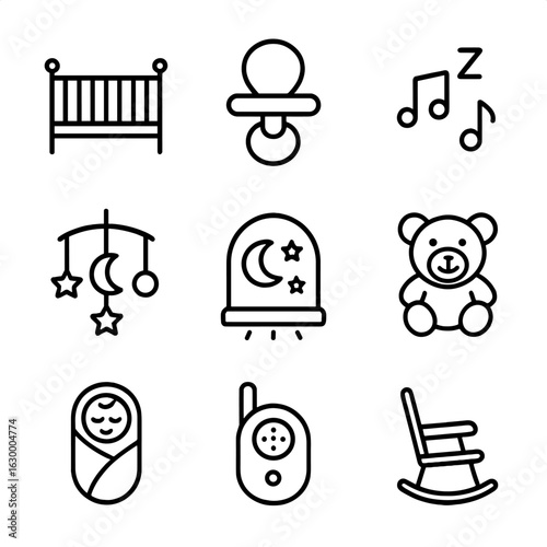 Baby Sleep Essentials. Outline icon set of baby sleep: crib, pacifier, lullaby music, mobile, nightlight, teddy bear, swaddle